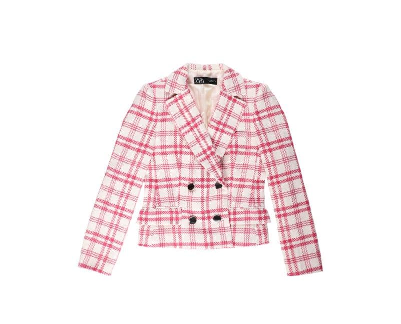 Women's pink and white plaid double-breasted blazer