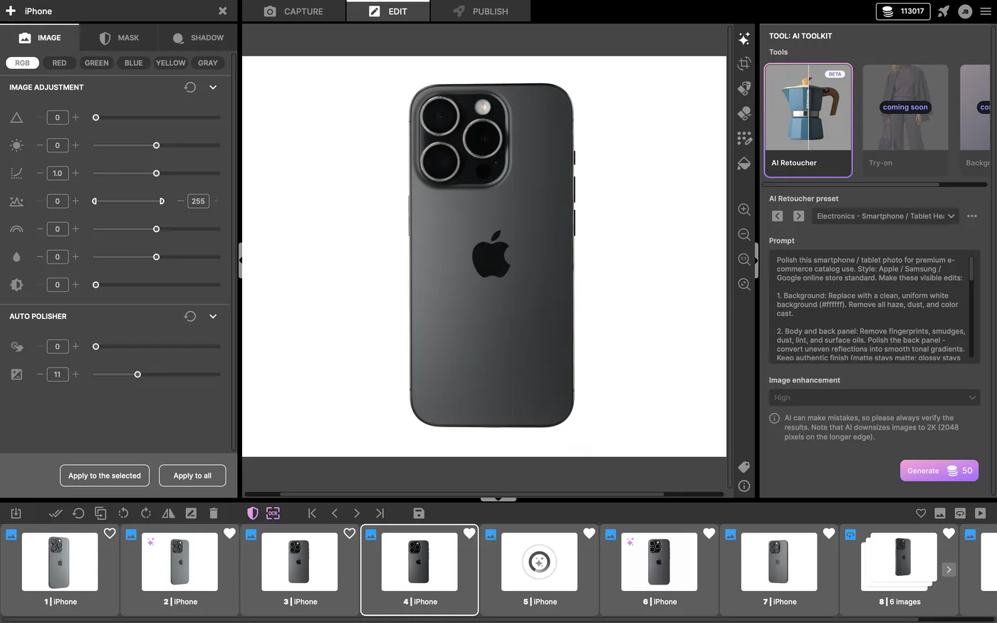 Orbitvu Station image editing tools with AI Retoucher