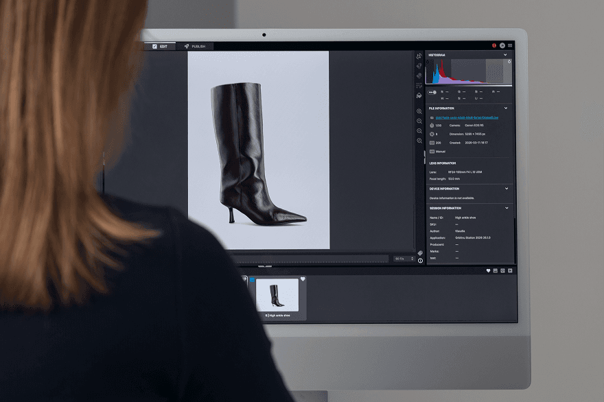 Orbitvu StationのEdit画面 - ヒストグラム、メタデータ、セッション情報を表示する商品撮影用編集ソフトウェア