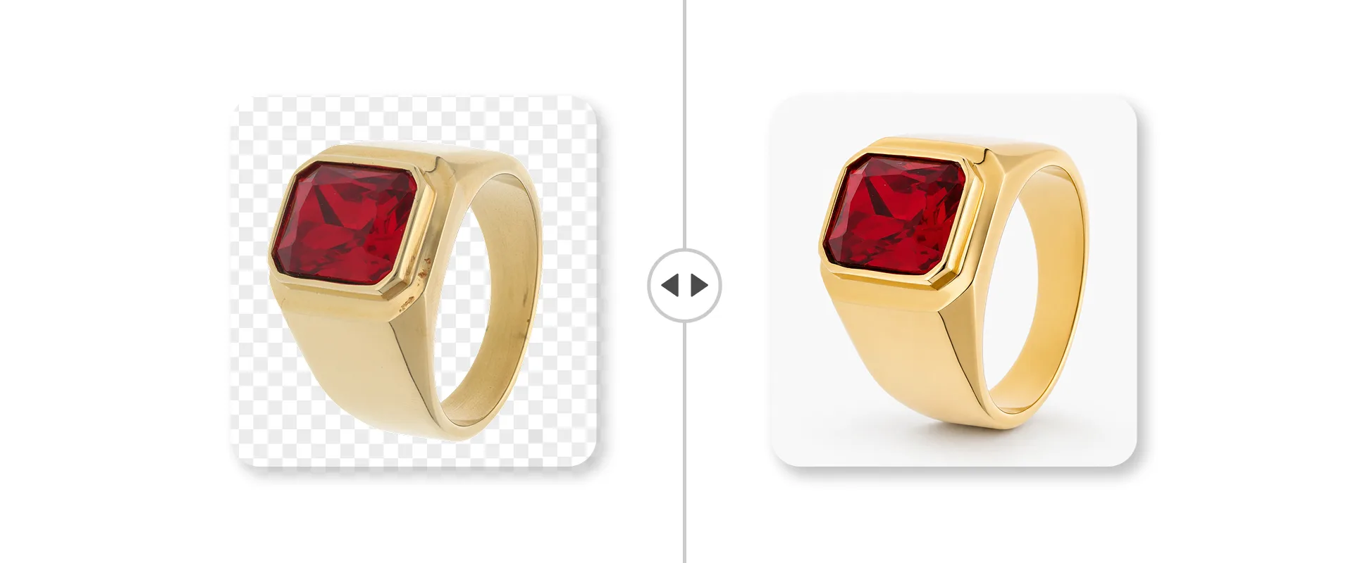 AI Retoucher before and after: a gold signet ring with a red gemstone, cleaned up automatically